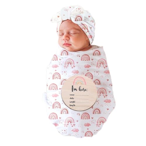 Ylsteed Baby Swaddle Blanket and Headband Set, Newborn Receiving Blanket Swaddle Wrap for Girls and Boys, Swaddling Blankets Neutral for Newborn,Soft and Skin-Friendly 32 * 32 inches (Rainbow)
