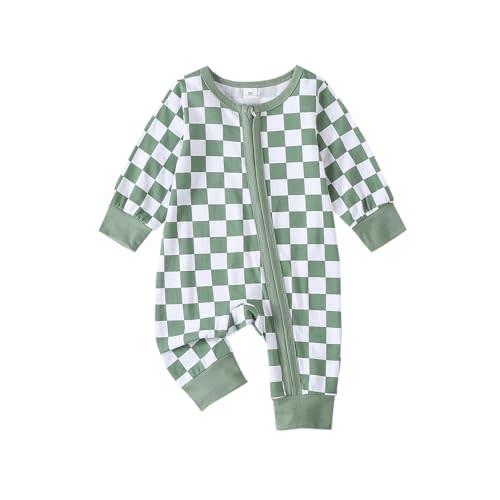 Karuedoo Newborn Baby Boy Girl Clothes Checkered Long Sleeve Zipper Romper Jumpsuit One Piece Bodysuit Fall Winter Outfit
