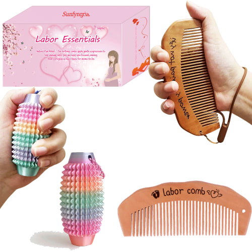 Wooden Birth Comb & Pain Fidget Massager - Labor & Delivery Essentials Kit for Natural Pain Relief, Comfort During Childbirth - Pregnancy Must-Haves & Thoughtful Gift for Expectant Moms