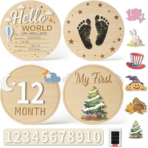 Wooden Baby Announcement Sign Set, 2PK Double-Sided Milestone Signs with 3D Acrylic Decor, Ink Pad, 1–12 Month Numbers. Ideal Gift & Photo Prop for Baby
