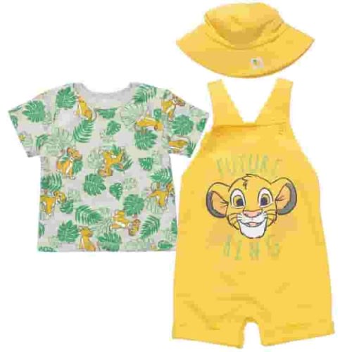 Disney Lion King Simba Newborn Baby Boys French Terry Short Overalls T-Shirt and Hat 3 Piece Outfit Set Newborn to Infant