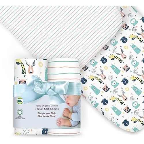 100% Organic Cotton Fitted Travel Crib/Playard Sheets for Guava Lotus, BabyBjorn, Dream on Me, Baby Joy, Chicco, Pamo Babe and All Other 24" x 42" Pads/mattresses. 4 Safety Strap Holes. 2 Pk Boy, Girl