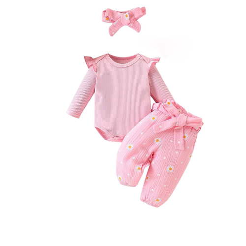 Erwazi Newborn Infant Girl Outfit Sets Rib Knit Romper Daisy Print Pants Headband Baby Clothes for Girls 0 3 6 12 18 24 Months