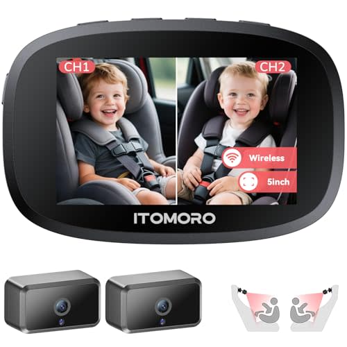 Itomoro Wireless Dual Baby Car Camera for 2 Kids, 5'' Rechargeable Split Screen HD Display with 2 Cameras, Car Monitor for Baby Max Range 1000FT, IR Night Vision, 360° Rotatable Rear Facing Mirrors