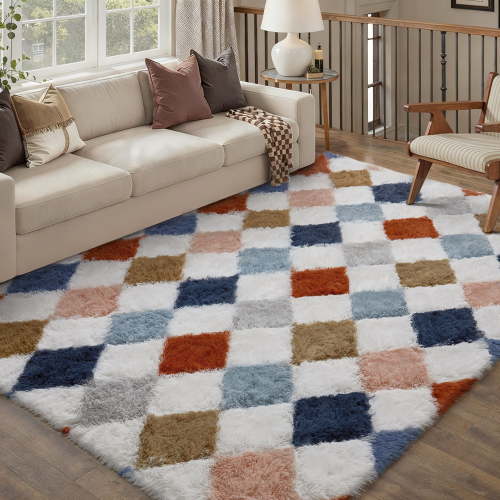 BERTHMEER 5'x8' Checkered Shag Area Rug for Living Room, Modern Rainbow Non-Slip Ultra-Soft Indoor Fluffy Rugs for Bedroom Carpet Home Dorm Aesthetic Decor, Colorful