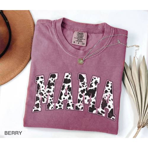 Comfort Colors® Mama Pink Cow Western T-shirt, Western Mama T-Shirt, Retro Mama Varsity Shirt, gift for mothers Day, Women's T-Shirt