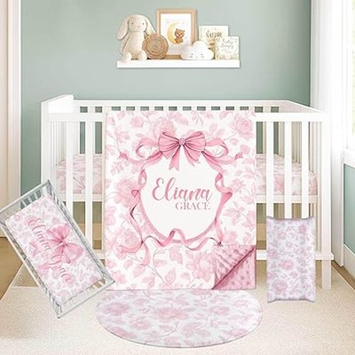 Personalized Baby Crib Bedding Set, 3 Pcs Custom Name Nursery Bedding Set, Pink Bow Minky Baby Bedding for Girls with Minky Blanket, Fitted Crib Sheet & Changing Pad Cover – Newborn Infant Gift