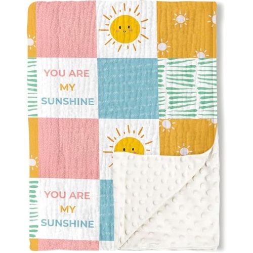 You're My Sunshine Baby Blanket for Boys Girls Printed Dotted Soft Nursery Fleece Backing Minky Blanket Muslin Cotton Front