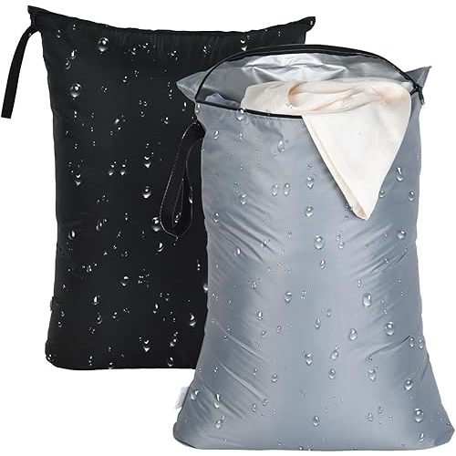 OTraki 2Pcs Exlarge Wet Bag 24x32 inch Reusable Waterproof Wet Dry Bag with Zipper Handle Wet Clothes Blanket Bedding Coat Sweater Machine Washable Laundry Bag for Travel Hotel Camping, Black & Grey