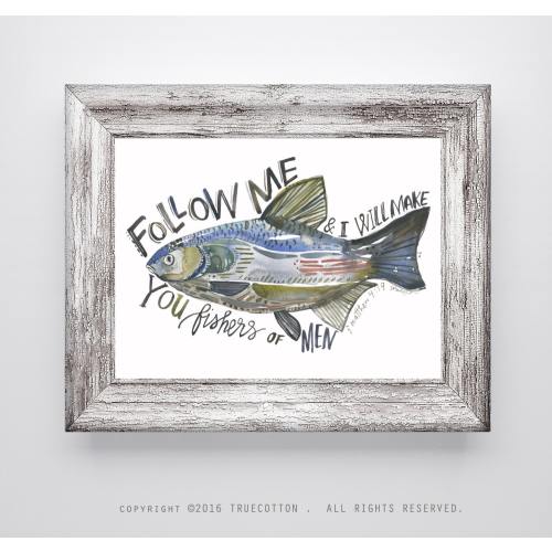 Fishers of Men Matthew 4:19 Bible Verse Fish Print Boys Room Watercolor PRINT by True Cotton