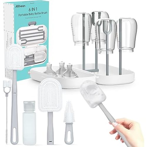Bottle Brush Kit, Baby Travel Essential, 6 in 1 Cleaner Set with Silicone Bottle Brush, Nipple Cleaner Brush, Straw Brush, 50ml Soap Dispenser, Storage Box, Bottle Drying Rack Easy Cleaning