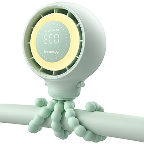 Dreamegg Portable Stroller Fan - 4000mAh Rechargeable Baby Stroller Fan With LED Display, Night Light, Hidden Blade, Detachable 4 Speed 360°Rotate, Handheld Cooling for Crib,Travel, Car Seat(Green)