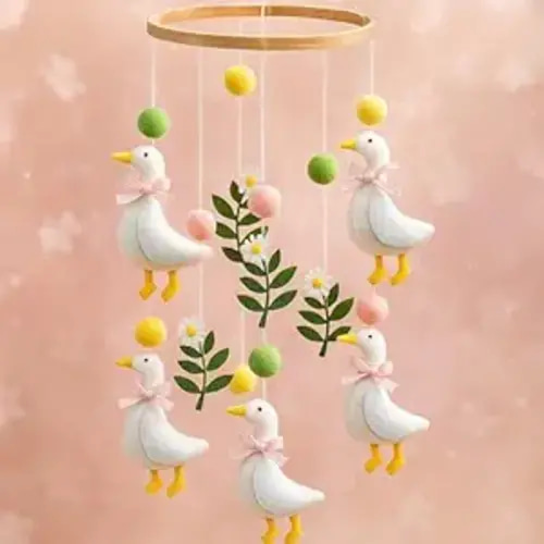Wildflower Butterfly Baby Mobile for Crib Pink Spring Baby Room Decor Felt Nursery Mobile for Crib Neutral Wooden Handmade Hanging Decoration(Silly Goose)