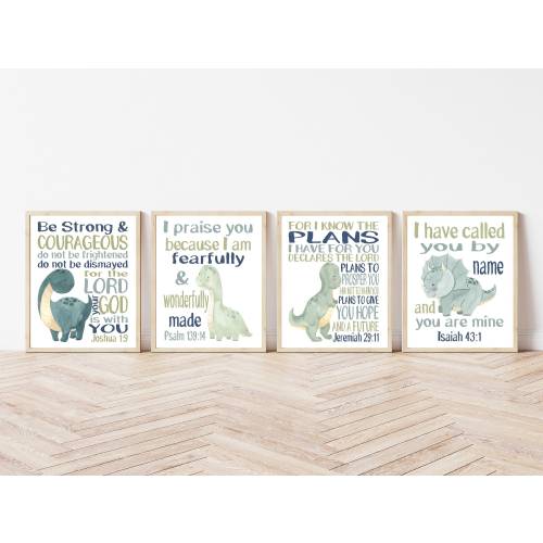 Watercolor Prehistoric Dinosaur Christian Nursery Decor Set of 4 Unframed Prints with Bible Verses