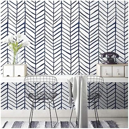 HAOKHOME Blue Wallpaper Navy Peel and Stick Wall Paper Modern Stripe for Bathroom Herringbone Removable Decoration 17.7in x 32.8ft