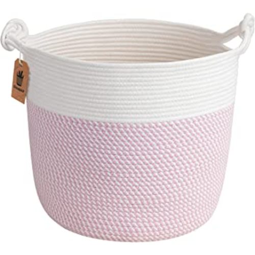 Goodpick Pink Cotton Laundry Basket, 15 x 14.2 Inch, Baby Storage Basket, Soft Woven Storage, Nursery Toy Basket, Portable