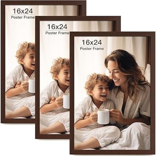 16x24 Picture Frame Set of 3, Dark Brown Wood Grain 16x24 Frame for Horizontal and Vertical Wall Mounting (3 pack, Walnut)