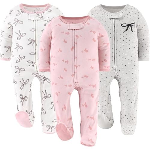 The Peanutshell Baby Sleepers for Girls Set of 3 - Soft Cotton Footed Pajamas for Newborns & Infants - Pink Balletcore