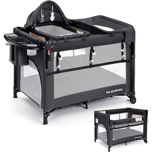 ELEMARA 5-in-1 Multifunctional Pack n Play,Baby Bassinets Bedside Sleeper& Playpen with Adjustable Height, Diaper Changing Table, Removable Rocker- Portable Foldable Crib for Newborn to Toddler(Gray)