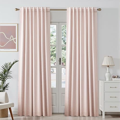 90 Inch Linen Blackout Curtains 2 Panels Set, 100% Light Blocking Thermal Insulated Drapes for Bedroom & Living Room, Textured Room Darkening Pink Black Out Curtain