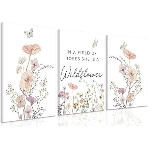 3Pcs Framed Pink Wildflower Wall Art grace Botanical Floral Canvas Posters Prints Inspirational language paintings Flying butterfly pictures Wall Decor for Bedroom Bathroom Living Room Decoration
