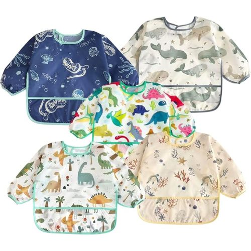 PandaEar 5 Pack Baby Long Sleeve Bibs| Waterproof Full Sleeve Bib for Baby Infant Toddler 6-36 Months