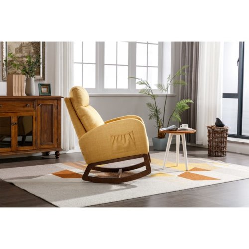 Modern Rocking Chair Nursery Upholstered Glider Chair with Side Pocket, Comfortable Rocking Accent Armchair with High Back and Rubber Wood Legs for Living Room Bedroom Reading Room Lounge, Yellow