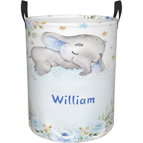 Blue Gold Floral Elephant Personalized Laundry Hamper Custom with Name Collapsible Waterproof Storage Basket with Handles for Bedroom Decor Gift.