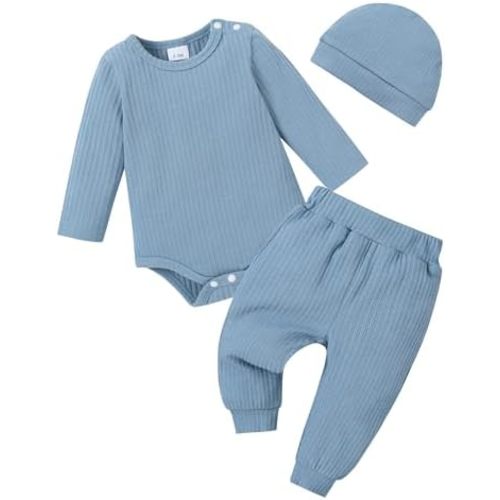 YALLET Baby Boy Clothes Newborn Infant Boy Outfits 3PCS Letter Print/Solid Color Rompe Pants Hat Fall Winter Clothing 0-18M