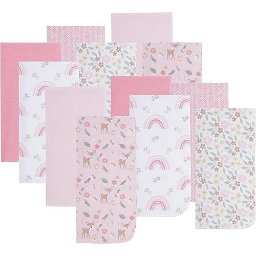 EVERYDAY KIDS 12 Pack Burp Cloths for Baby Girl; Newborn Essential with - Large Absorbent Cotton Flannel Pink Burping Cloths for Babies with Woodlands, Floral and Rainbow Prints and Solids