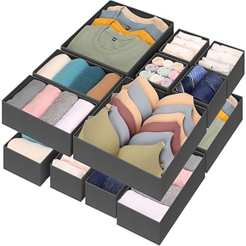 Drawer Organizer Clothes Grey 12 Pcs - Drawer Dresser Organizers for Baby Clothes, Bra, Scarves, Belt, Tie, Underwears, Socks & more - Foldable Baby drawer dividers for Nursery, Closet, Bedroom