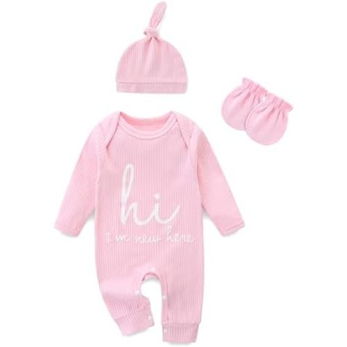 Newborn Girls and Boys Romper, Hi I’m New Here Long Sleeve Cotton Baby Clothes, Newborn Coming Home Outfit