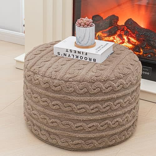 Asuprui Round Pouf Ottoman Stuffed Foot Stool Floor Pouf Chair for Living Room Bedroom Filled One Piece High Resiliency Foam Boho Poof Foot Rest for Couch 20 Diameter x 12 Height Coffee with Filler