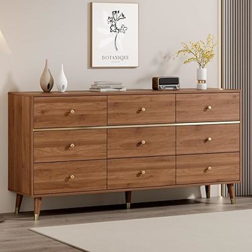 9 Drawer Dresser,63" Wide Mid Century Modern Chest of Drawers,Wooden Bedroom Drawer Dresser with 9 Storage Drawers for Bedroom, Living Room,with Anti-Tipping Device,Walnuts