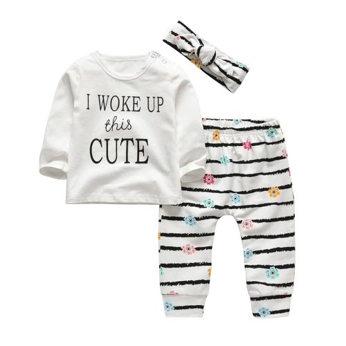 KuKitty 3Pcs Baby Girl Outfits Set Long Sleeve T-Shirt Tops Flowers Pants with Headband