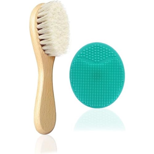 Baby Hair Brush, Goat Bristles Brush and Baby Cradle Cap Brush Set for Cradle Cap Wood Bristle Brush for Newborns and Toddlers (2 Piece)