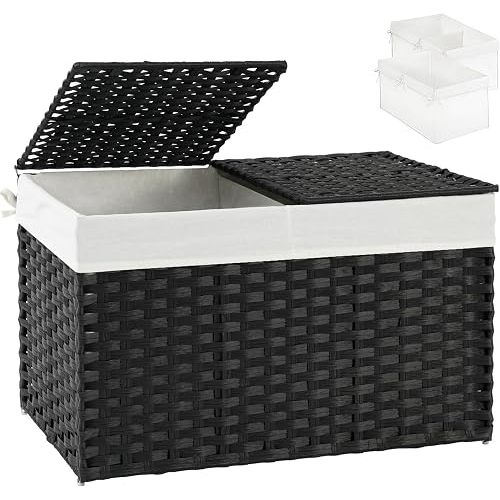 SETVSON Storage Basket with Lid Wicker Baskets for Storage with 2 Separate Lid 42.3 Gallon (160 L) 29.9 x 17.3 x 18.1 Inches Rattan Woven Large Wicker Basket with 2 Liners for Bedroom Laundry Black