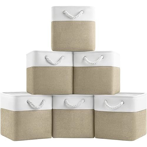 11x11 Cube Storage Bins, 6 Pack Foldable Fabric Organizer Bins with Rope Handles, Storage Cubes for Organizing Bedroom, Living Room, Clothes and Toys, Shelves and Closet (White & Khaki)