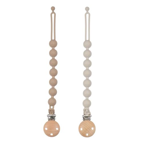 Silicone Pacifier Clips for Baby, 2-in-1 One Piece Design Pacifier Holder & Teething Ring Toy, BPA Free, 2 Pack (Sand+Light Grey)