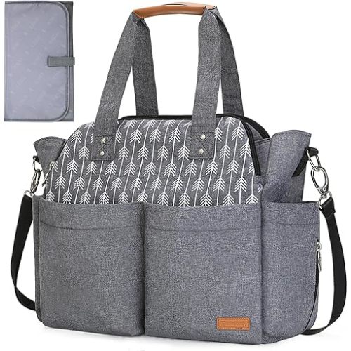Lekebaby Diaper Bag Tote, Large Diaper Bags Waterproof,Large Mommy Bag for Hospital, Baby Bags for Mom Travel Diaper Tote Messenger Purse,Grey, Arrow Print