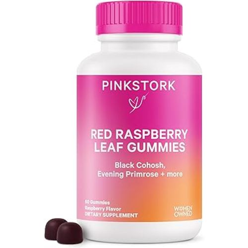 Pink Stork Red Raspberry Leaf Gummies - Third Trimester Labor Prep + Postpartum Mood Essentials with Evening Primrose Oil + Black Cohosh - 60 Vegan Gummy Supplements, Non-GMO