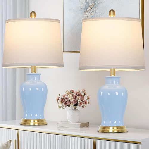 23" Modern Blue Ceramic Table Lamps Set of 2, Coastal Ceramic Lamps for Living Room, Classic Bedside Lamp with Ginger Jar Design, Elegant Bedroom Lamp for Night stand Desk Side End Table Home Decor