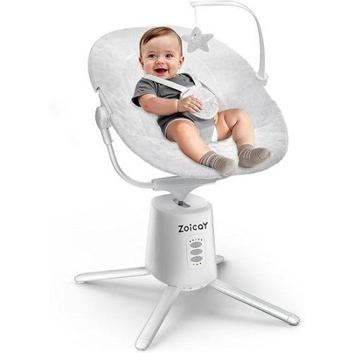 Zoicay Lightweight Baby Swing for Infant with 3 Modes & 5 Speeds, 12 Lullabies and 3 Timer Settings Electric Newborn Swing, 2 Seat Positions & 5-Point Harness Portable for Indoor & Outdoor Use (White)