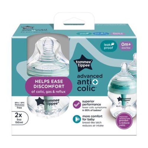 Tommee Tippee Advanced Anti-Colic Baby Bottles, 0 months plus, Pack of 2, 5oz Baby Bottles, with Slow Flow Breast-Like Nipple for Natural Latch, Self-Sterilizing and BPA Free