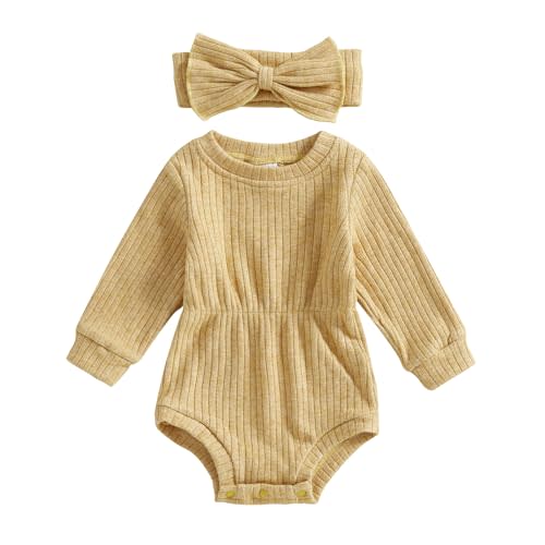 Karwuiio Newborn Baby Girl Fall Outfits Long Sleeve Ribbed Knit Jumpsuit Romper with Headband Infant Clothes Sets