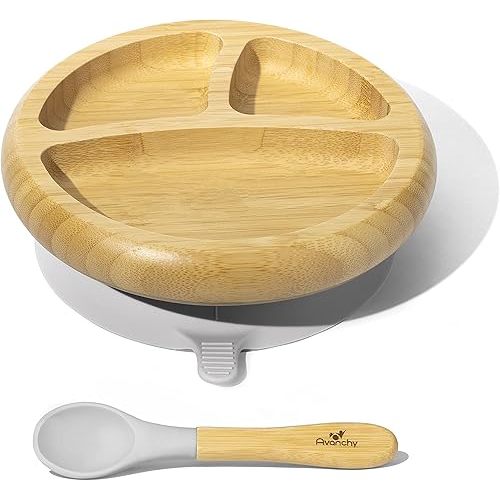 Avanchy Baby Plates Divided Bamboo with Suction for Babies Kids Toddler Food with Silicone Spoon for Feeding (Gray)