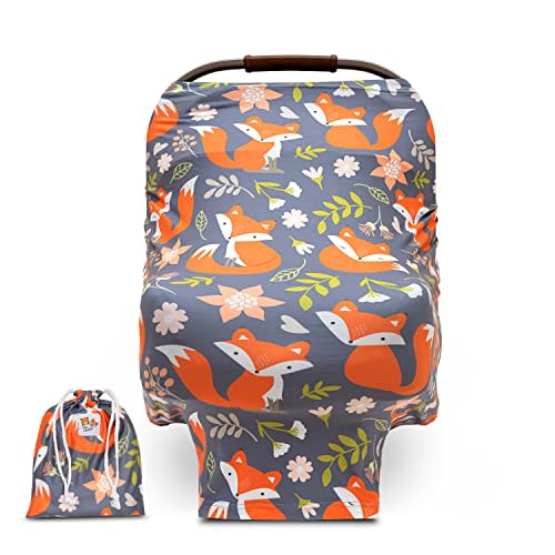 Baby Car Seat and Nursing Cover Up for Breastfeeding Moms | Multi-use 5-in-1, Breathable, Soft, Stretchy, Washable, Universal Fit | Cute Unisex Woodland Fox Pattern