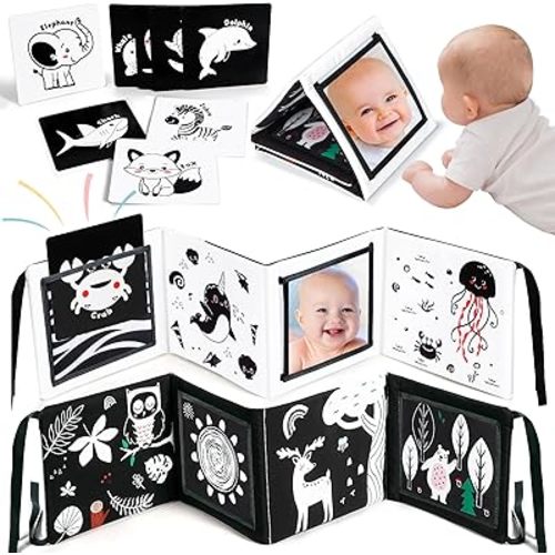 URMYWO Black and White Baby Toys, Tummy Time High Contrast Newborn Toys 0-3 Months, Baby Boy Girl Gifts, Visual Stimulation Learning Activity Cards, Soft Baby Book, Montessori Infant Toys 0-12 Months