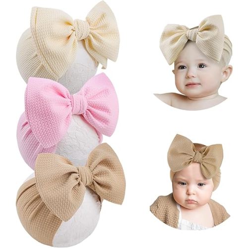 YanJie Big Bows Baby Girls Headbands Soft Stretchy Newborn Bows Infant Baby Hair Bows Toddler Headwrap Hair Accessories Khaki Beige Light Pink 3 PCS