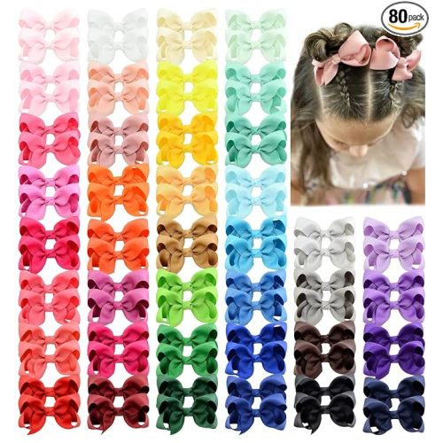 80PCS 3Inch Hair Bows for Girls Grosgrain Ribbon Toddler Hair Accessories with Alligator Clips for Toddlers Baby Girls Kids Teens in Pairs